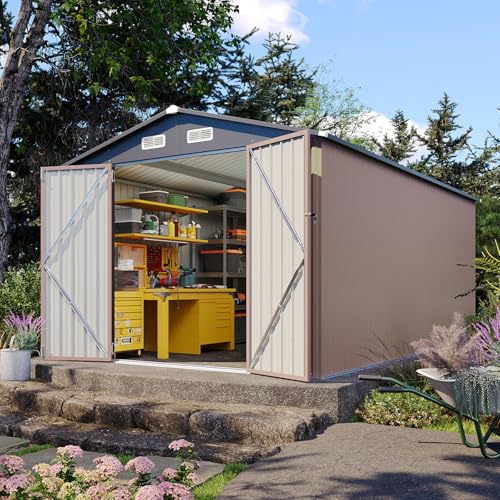Aoxun 10 x 12FT Outdoor Storage Shed with Double Hinged Large Door Utility Garden Shed with Lockable Door & Sloped Roof Metal Sheds Outdoor Storage