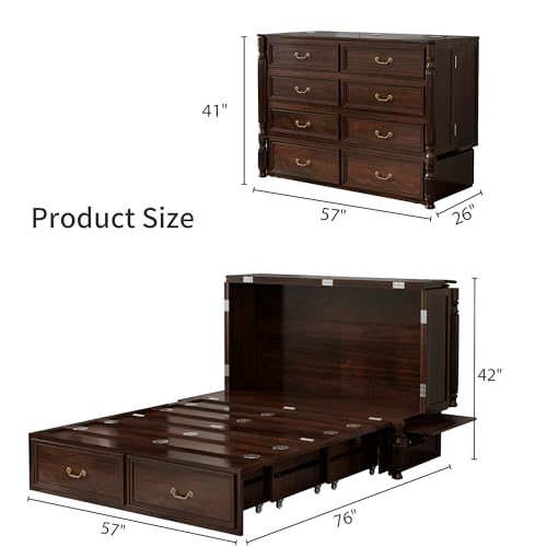 Murphy Bed Cabinet Full, Solid Wood Murphy Bed with 2 USB & 2 Charging Ports, Large Storage Drawer for Home Office or Small Space