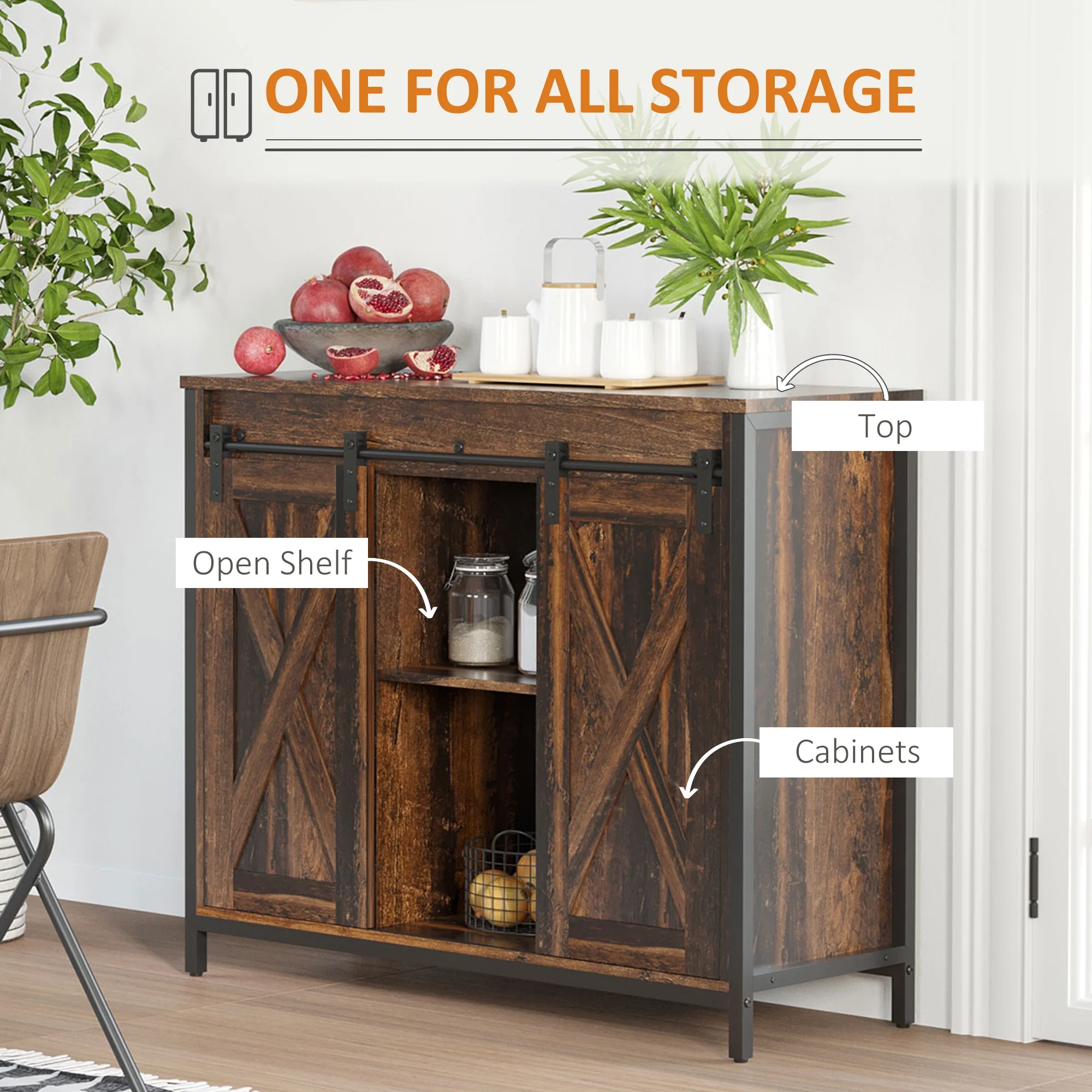 HOMCOM Industrial Sideboard, Buffet Cabinet with Sliding Barn Doors, Storage Cabinets and Adjustable Shelves for Living Room, Kitchen, Home Bar