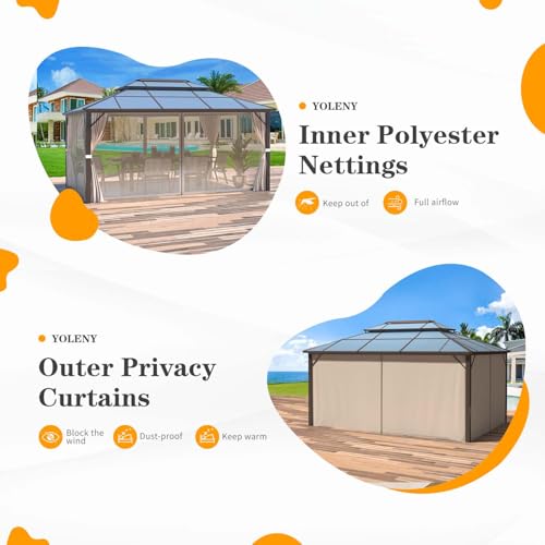 YOLENY 10'x13' Hardtop Gazebo, Outdoor Polycarbonate Double Roof Canopy, Aluminum Frame Permanent Pavilion with Curtains and Netting