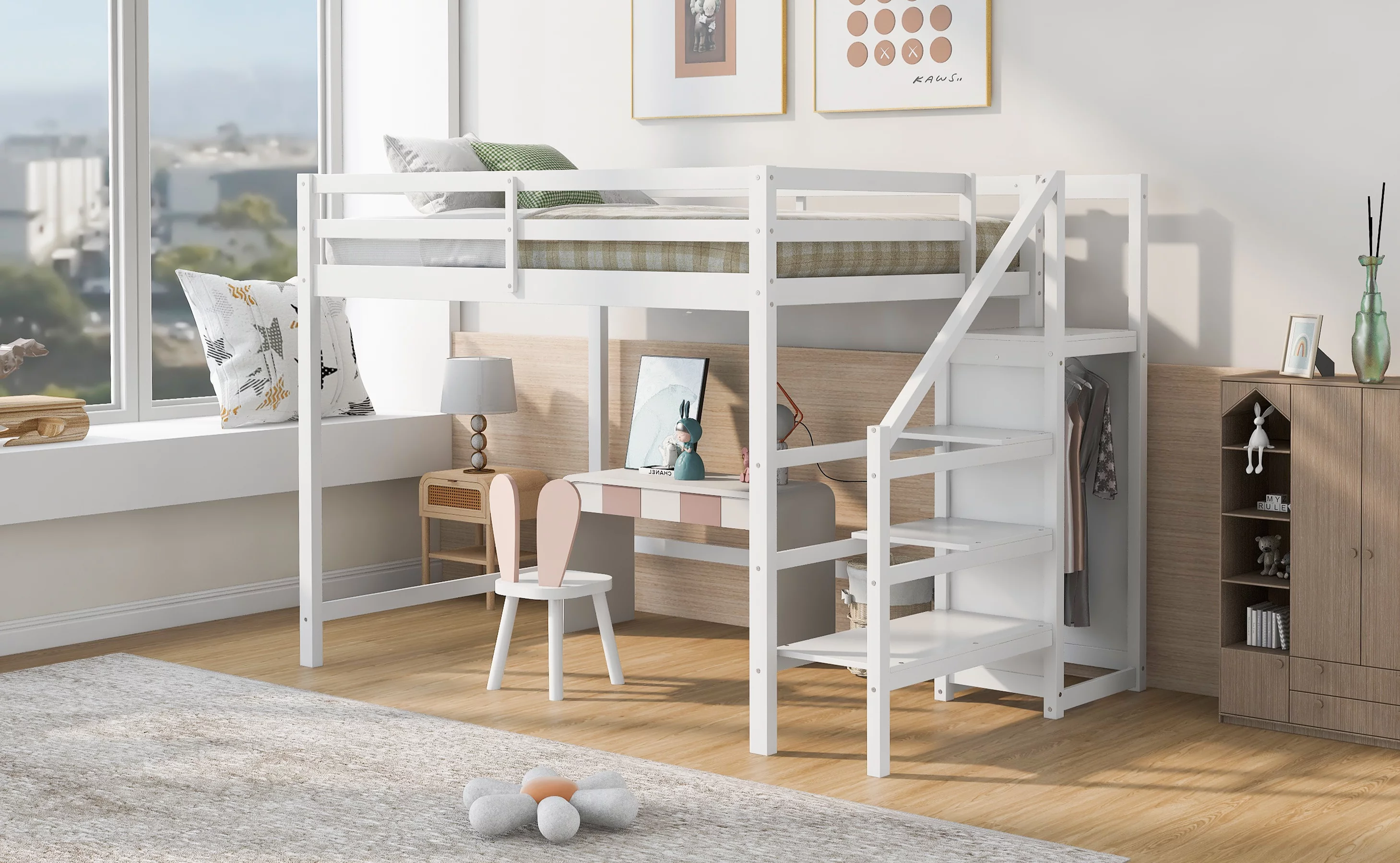 Bellemave Full Size Loft Bed with Storage Staircase Wooden Full Loft Bed Frame with Built-in Storage Wardrobe and Guardrails for Kids, Teens