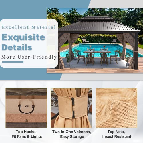 MELLCOM 10'x13' Hardtop Gazebo with Polycarbonate Double Roof, Aluminum Frame Outdoor Gazebo Permanent Pavilion with Curtains and Netting for Patio