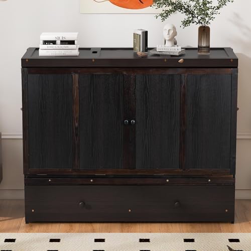 Harper & Bright Designs Queen Size Murphy Bed Cabinet, Solid Pine Wall Bed Chest with USB