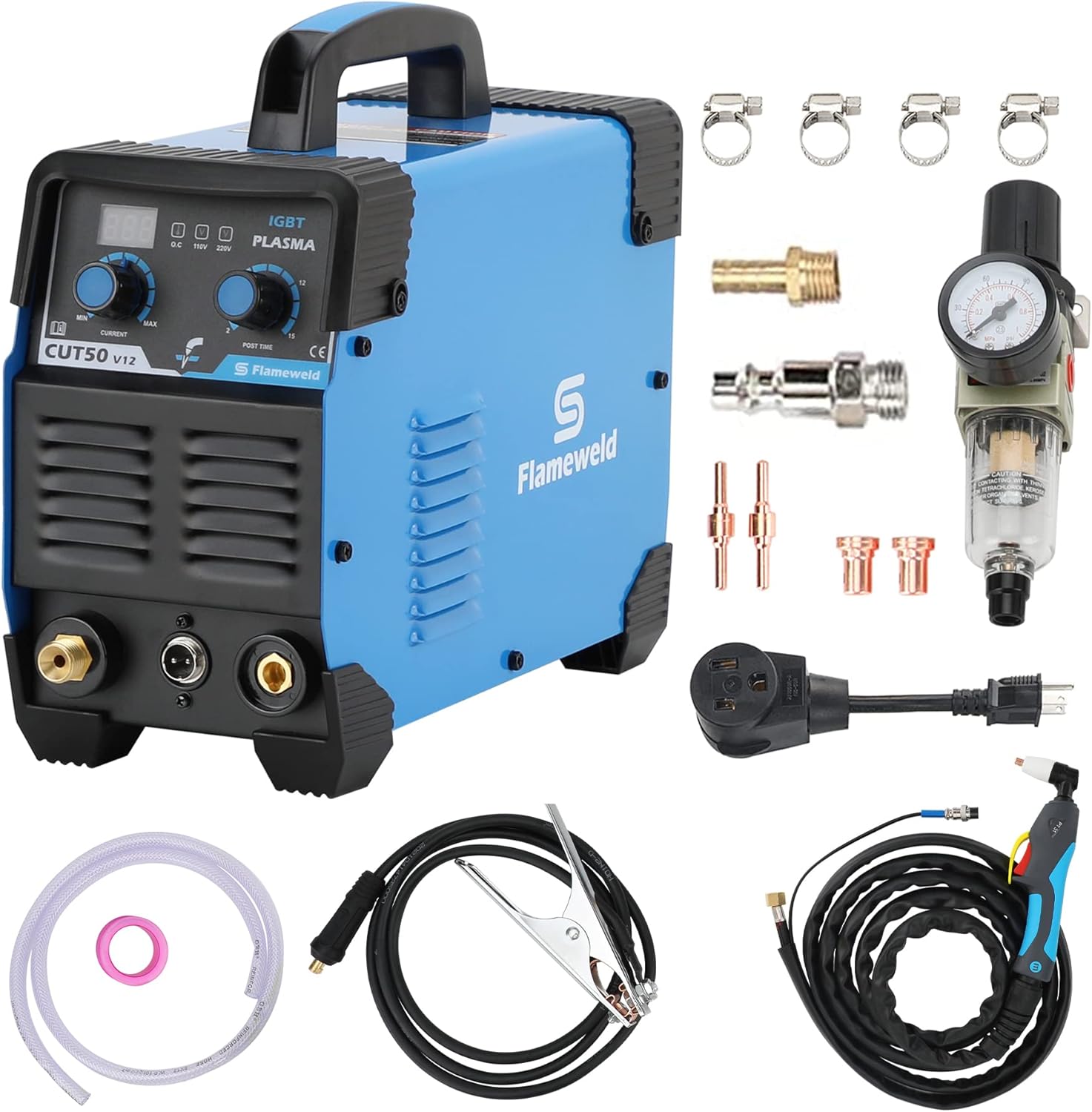 Plasma Cutter 50A, CUT50 110/220V Dual Voltage Plasma Cutting Machine 12mm Clean Cutting Thickness (Blue)