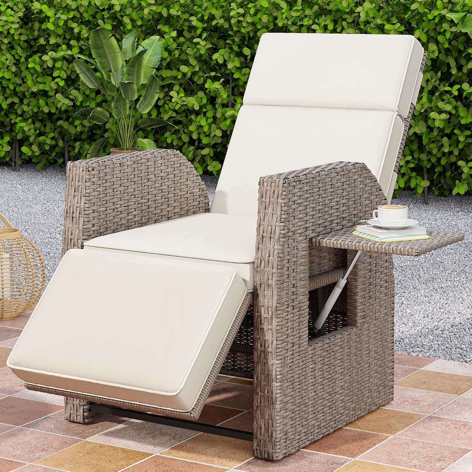 YITAHOME Outdoor Recliner Chair, Patio Wicker Lounge Chair with Adjustable Angle, Flip Table