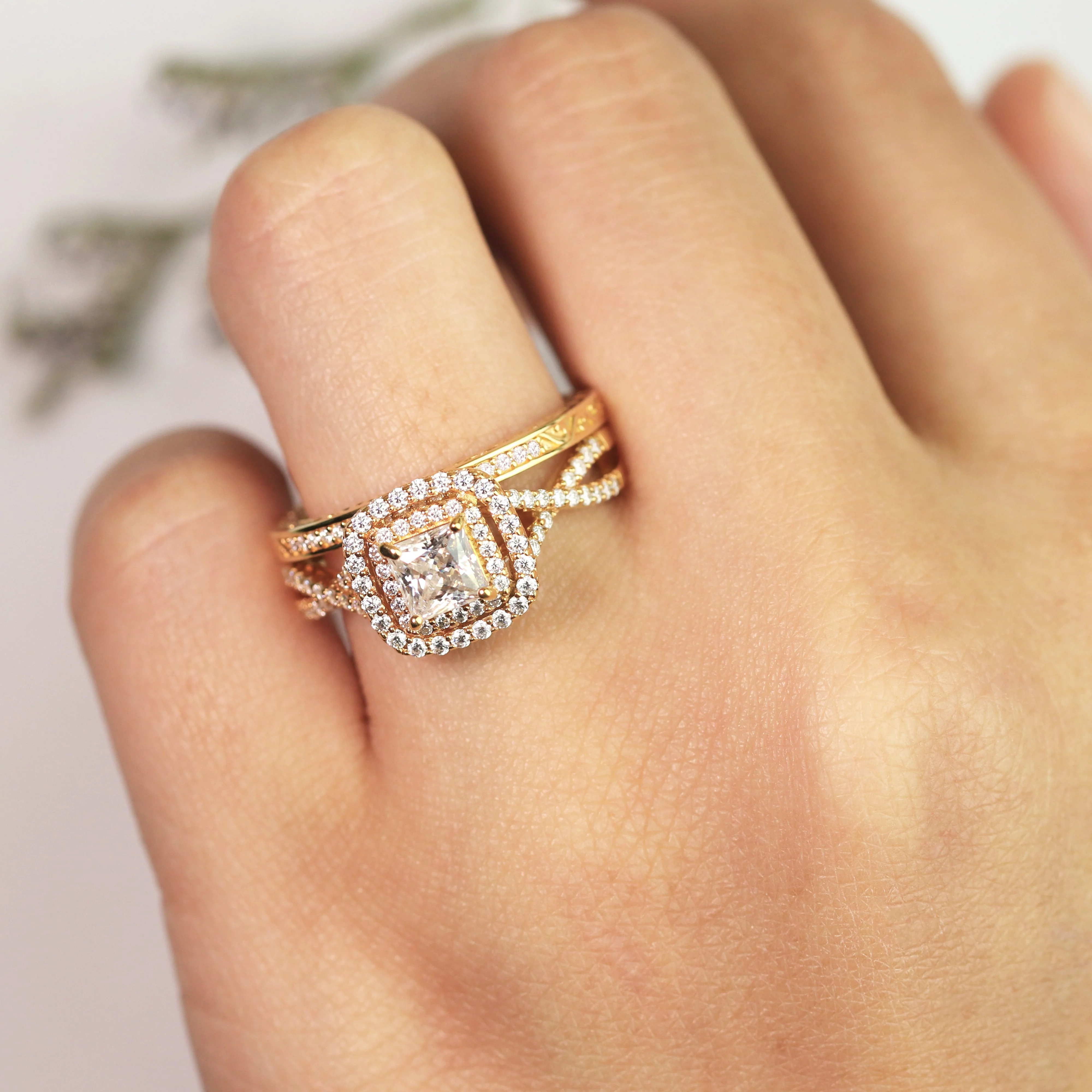1.25 ct - Square Moissanite - Double Halo - Twisted Band - Vintage Inspired - Pave - Wedding Ring Set in 18K Yellow Gold over Silver