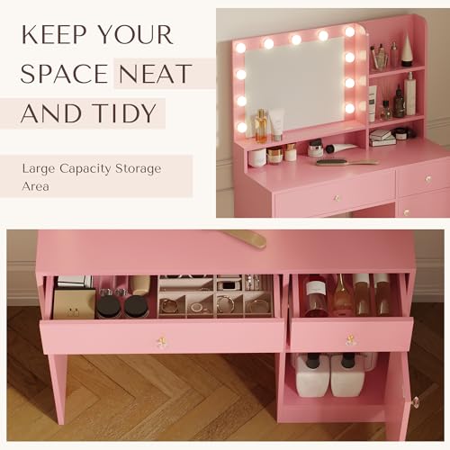 Vanity Desk with Mirror and Lights, Diamond Edition Vanity Desk, Makeup Vanity Table with 3 Drawers & 5 Open Shelves