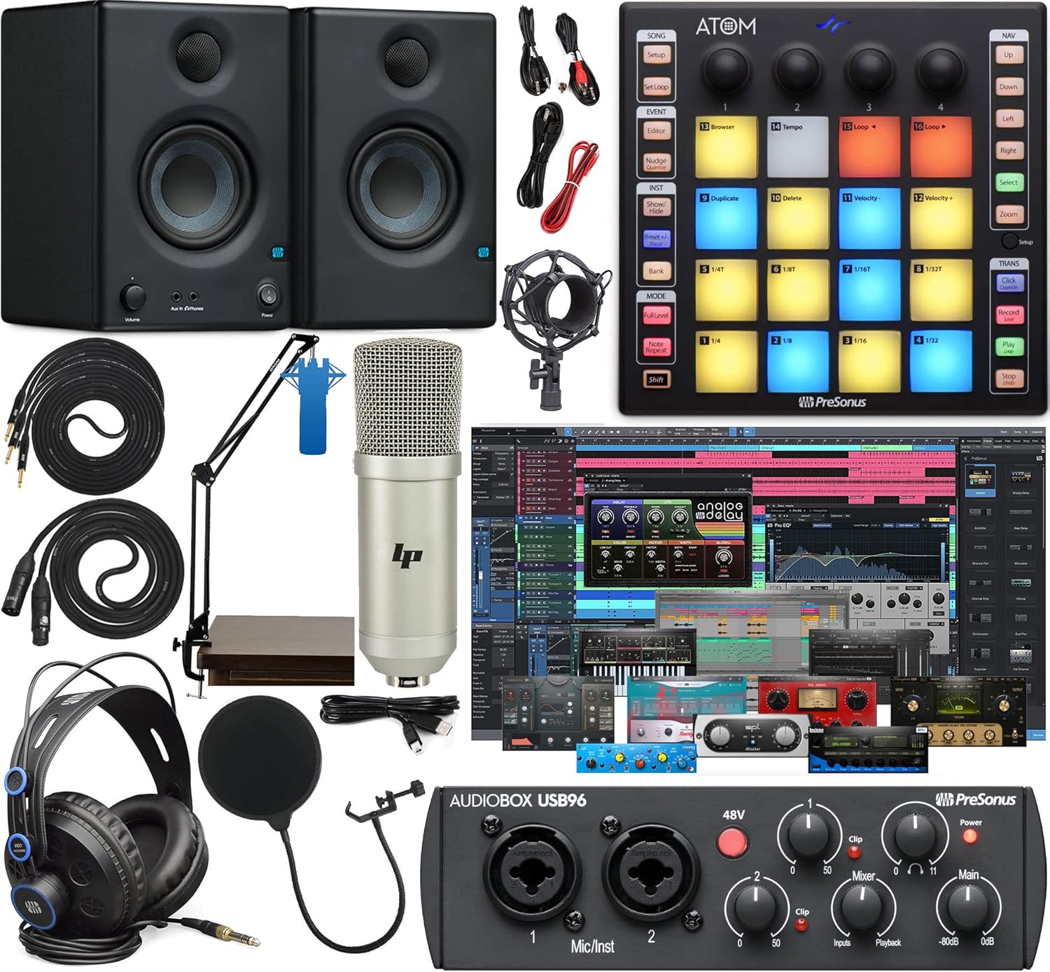 PreSonus AudioBox 96 Audio Interface Full Studio Bundle Includes Software Kit, ATOM MIDI Pad Controller, Eris 3.5 Pair Bluetooth Monitors