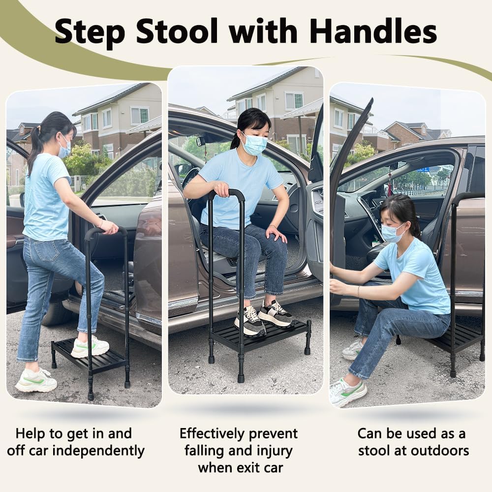 Medical Step Stool with Handle SUV Car Elderly Handicap Steps for RV Mobile Home with Handrail for Adults Seniors Bariatric Metal Stepping Stool