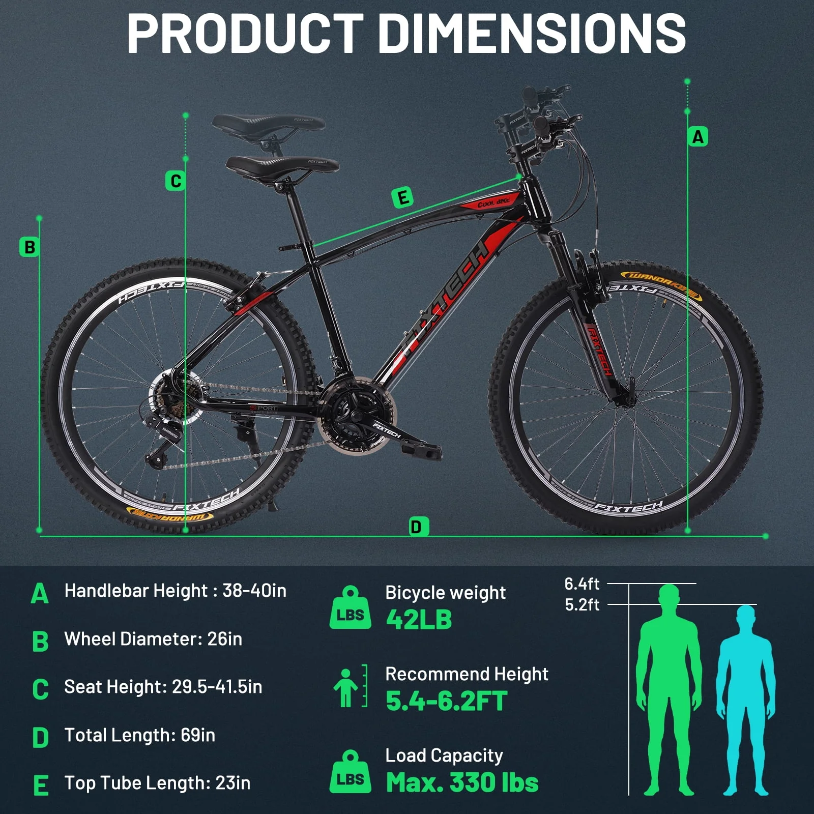 FIXTECH 26'' Mountain Bike, Shimano 21 Speed MTB Bicycle for Adults, Black