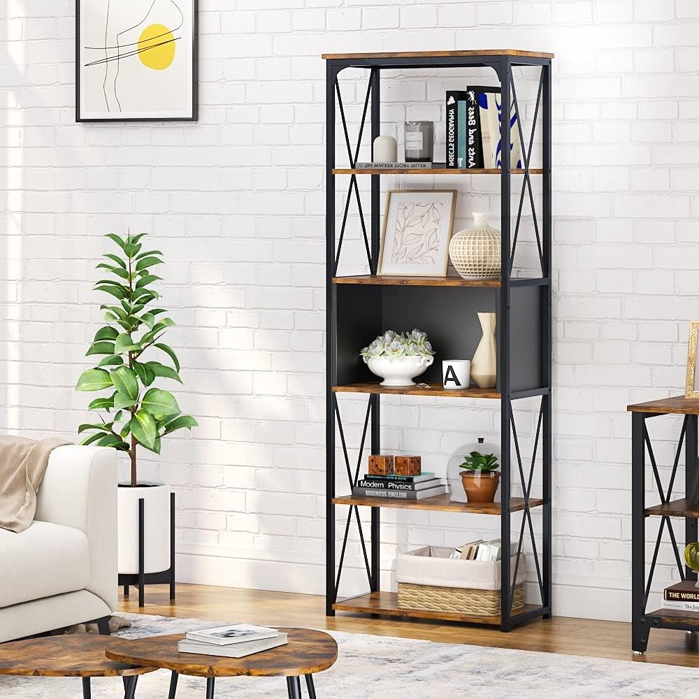 Bestier Industrial Bookshelf 5 Tier Bookcase Storage Display Shelves Organizer Free Standing Open Shelf Book Shelf for Living Room Bedroom and Office