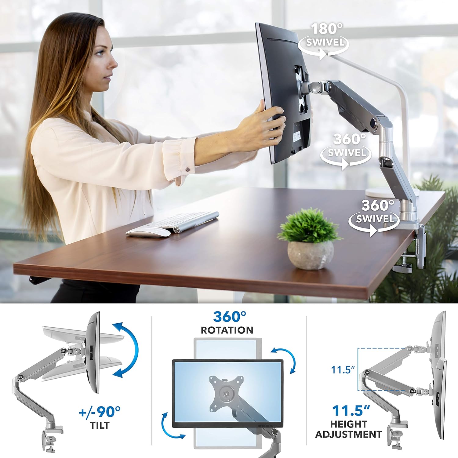 Mount-It! Single Monitor Arm Mount | Desk Stand | Full Motion Height Adjustable Articulating Mechanical Spring Arm | Fits 24 27 29 30 32 Inch VESA