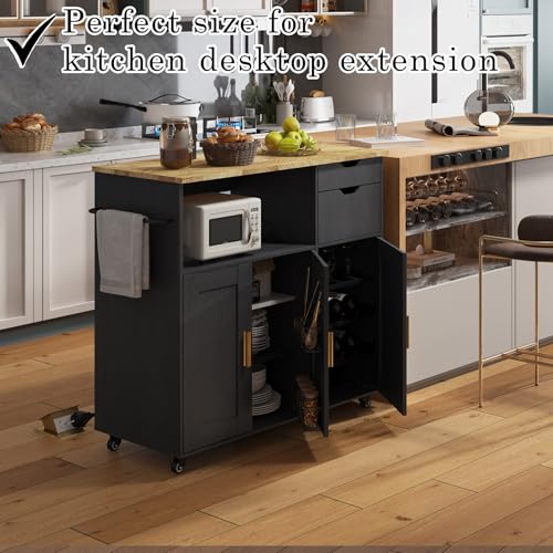 Rolling Mobile Kitchen Island Cart Bar with Drawer and Desktop Drop Leaf Countertop, Island Table Storage with 5 Wheels