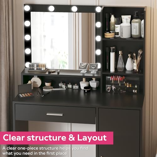 Vanity Desk with Mirror and Light, Large Drawer and Three Level Storage Dresser, 3 Lighting Modes Adjustable Brightness