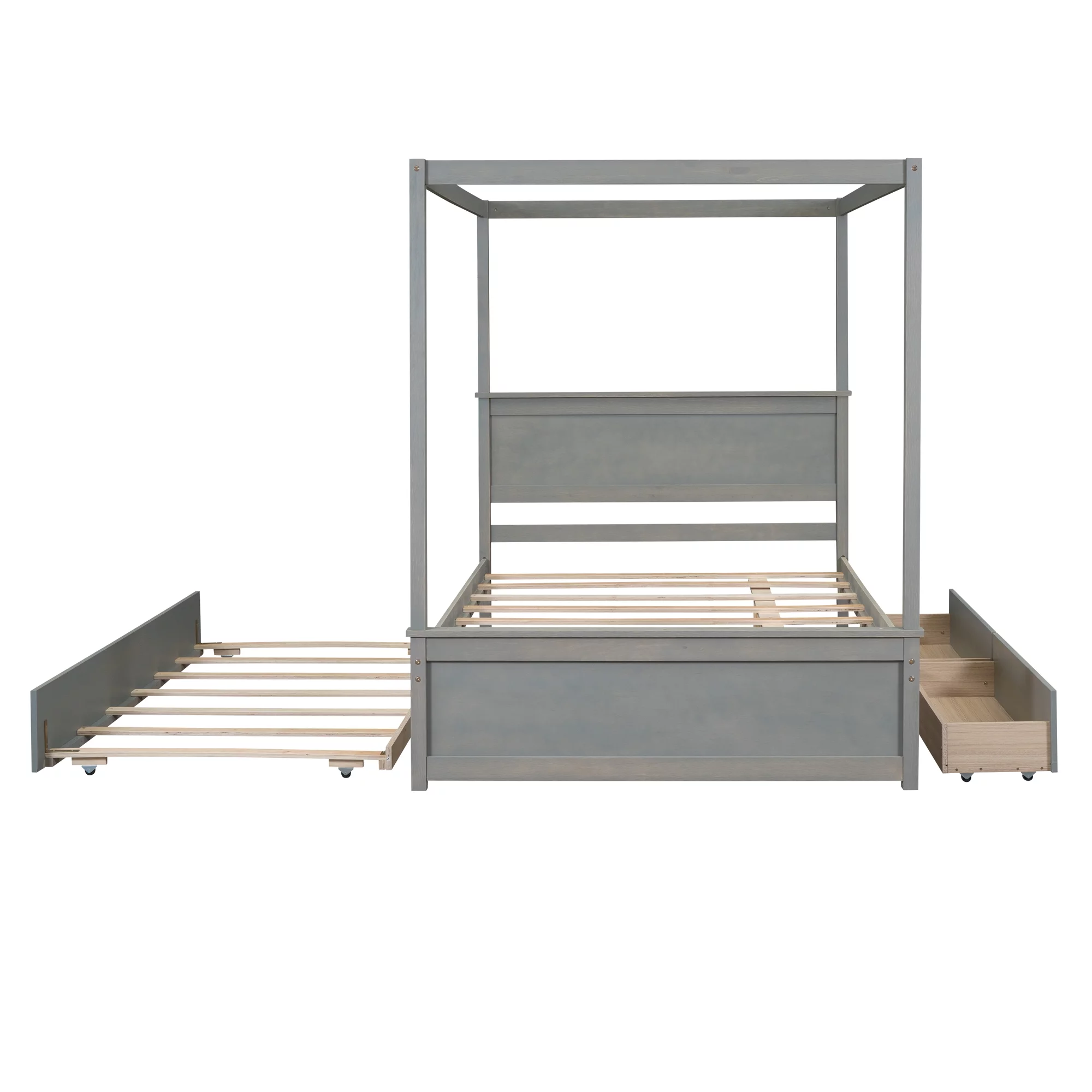 Churanty Full Size Canopy Bed Frame with Trundle and 2 Storage Drawers,Wood Full Platform Bed with Headboard,Gray
