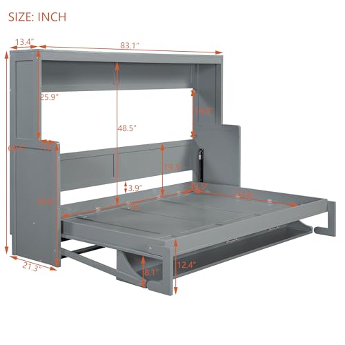 Ball & Cast Queen Size Murphy Bed,Murphy Bed Cabinet W/ 2 Five-Layer Cabinet,Hideaway Wall Bed W/LED Lights,Wood Hidden Bed Frame for Guest Room