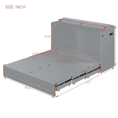 Harper & Bright Designs Queen Size Murphy Wall Bed, Chest Cube Cabinet With USB, Charging Station and Large Storage Drawer for Home Office