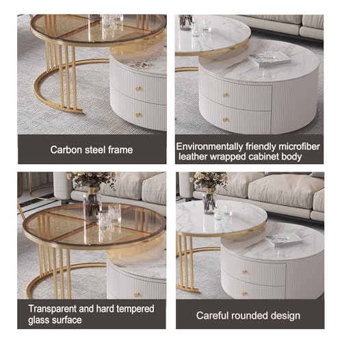 28IN Modern Coffee Tables - Wave Panel & Metal Frame | Nesting Round Coffee Table Set of 2, Dining Table for Home Living Room, Office (Glass)