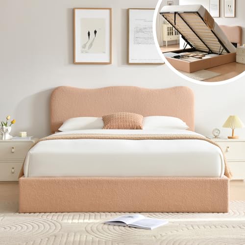 VELOCAVA Queen Size Lift-Up Storage Bed, Upholstered Boucle Bed with Curved Headboard, Rounded Corners, Sturdy Wooden Slat Support