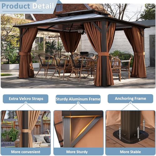 Aoxun 12'x14' Hardtop Gazebo, Aluminum Frame Permanent Pavilion with Curtains and Netting, Outdoor Polycarbonate Double Roof Canopy