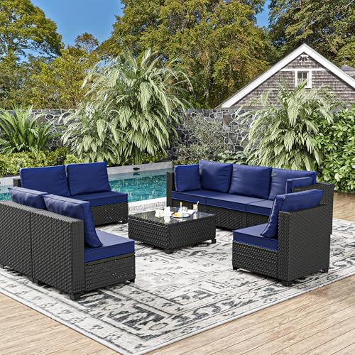 8-Person Rattan Patio Conversation Sets Outdoor Furniture Set Sectional Sofa Group（Cushions Color: Beige and White Stripe）