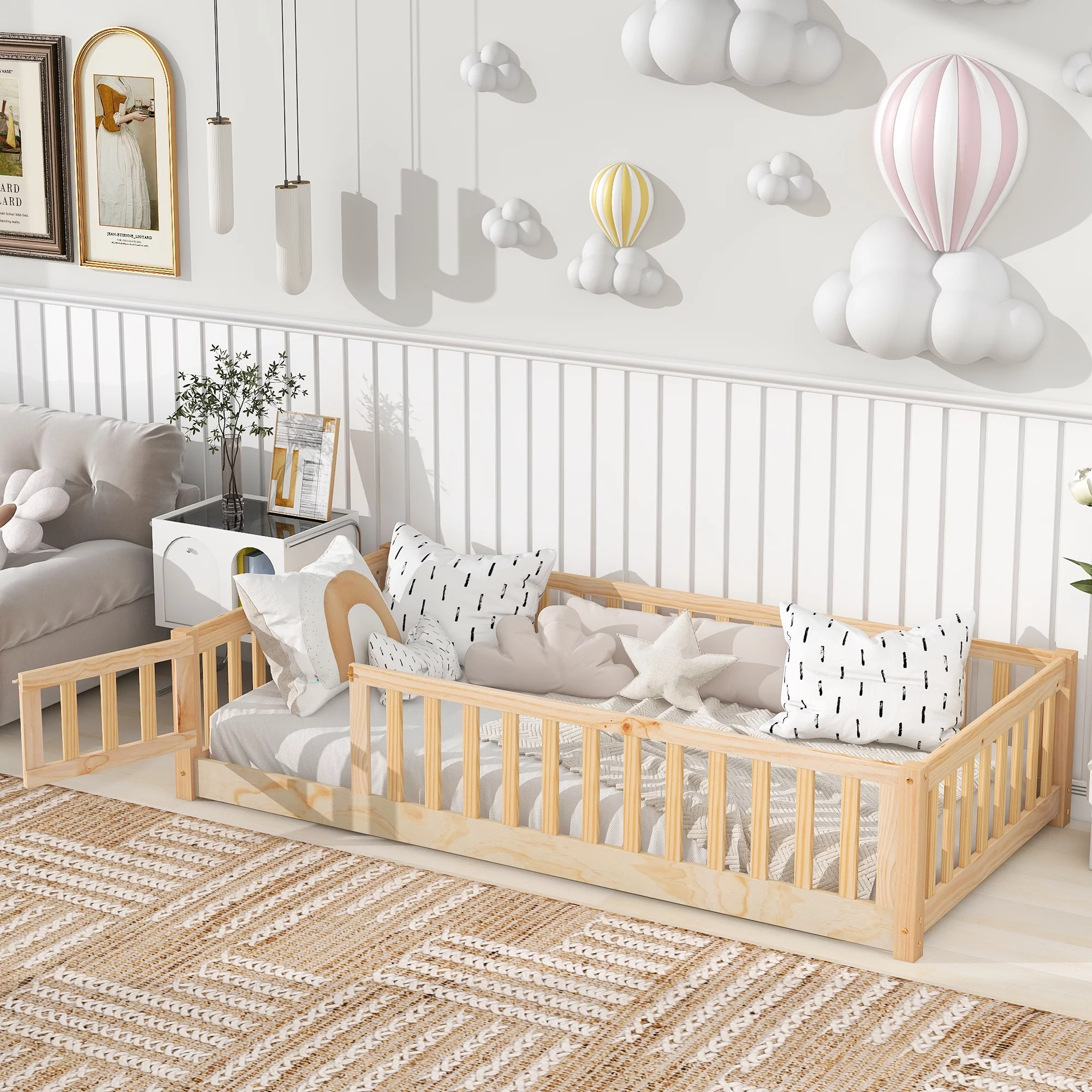 PAPROOS Twin Floor Bed Frame for Toddler, Wood Platform Bed with Wooden Slats, Fence and Door