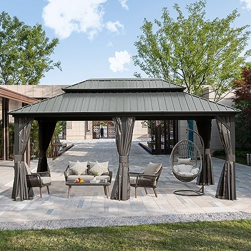 Domi 10' x 10' Hardtop Gazebo Outdoor Metal Gazebo with Galvanized Steel Double Roof Canopy, Curtains and Netting for Patio, Backyard, Deck