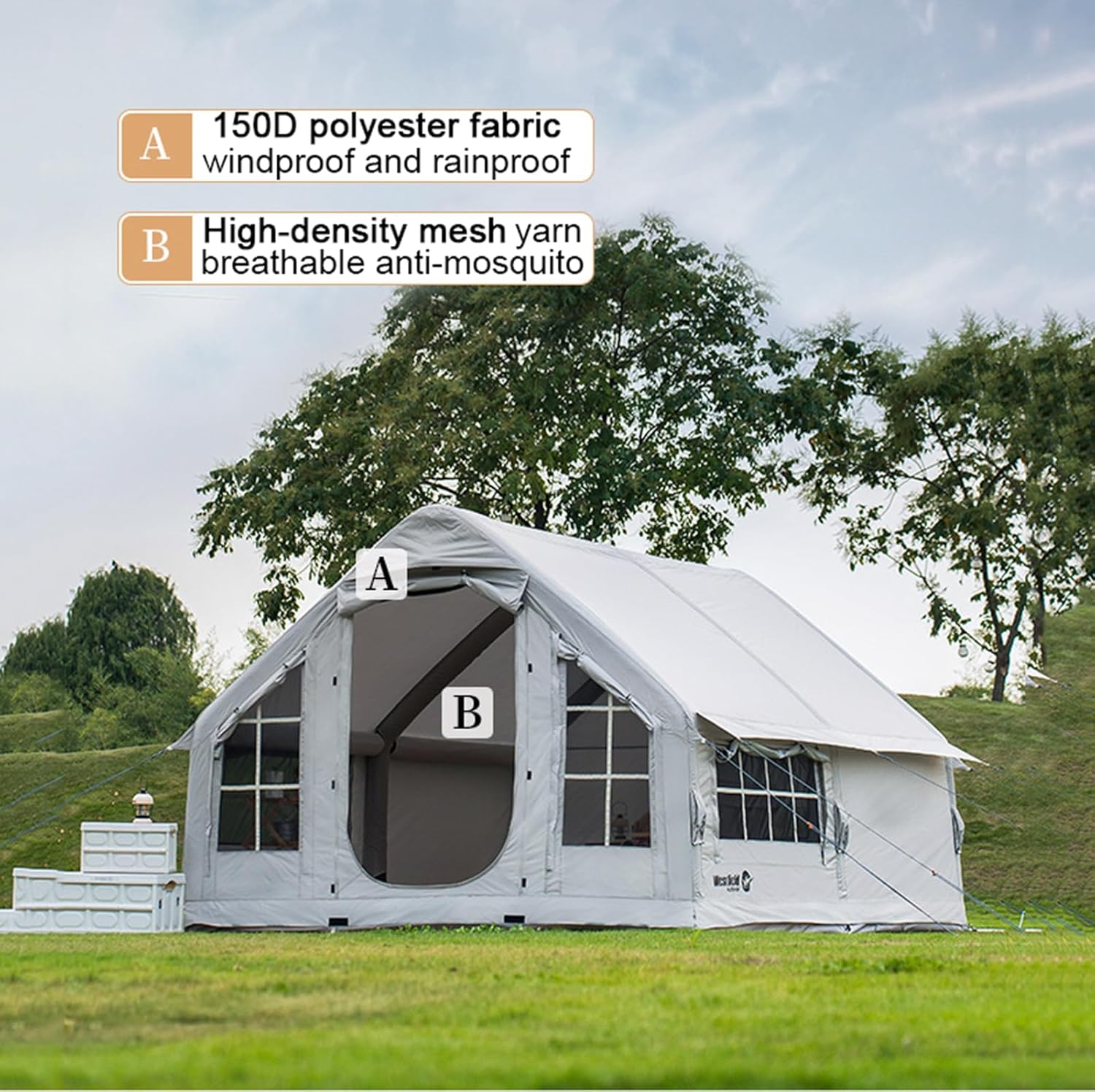 Inflatable Camping Tent with Chimney Opening, Outdoor Tent Inflatable 6-8 People with Air Pump & Skylight, Large Family Tent, 4 Seasons