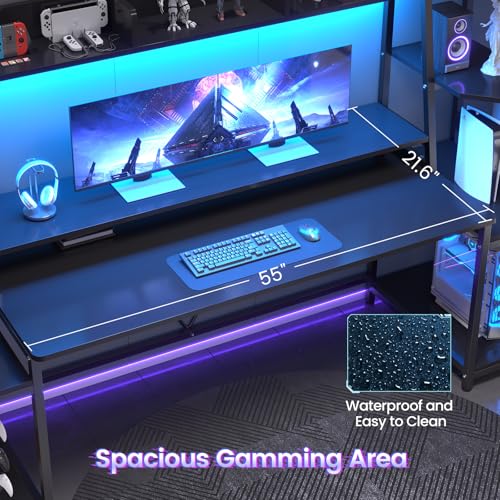 SEDETA Gaming Desk 78.8'' with LED Lights, Hutch and Storage Shelves, Computer Desk with Monitor Stand, Large PC Gamer Desk Workstation