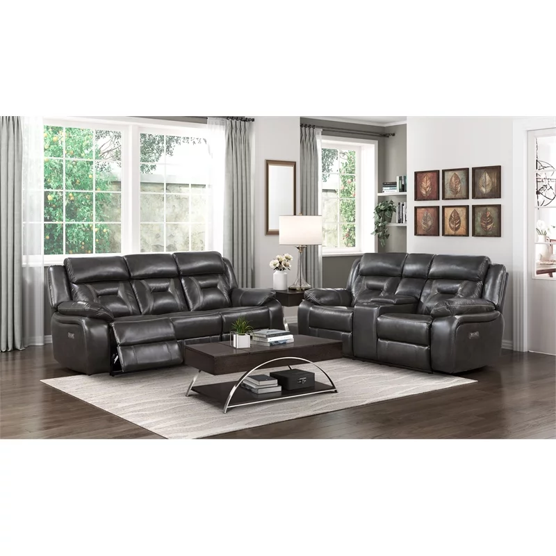 Lexicon Amite Faux Leather Power Double Reclining Loveseat in Dark Gray
