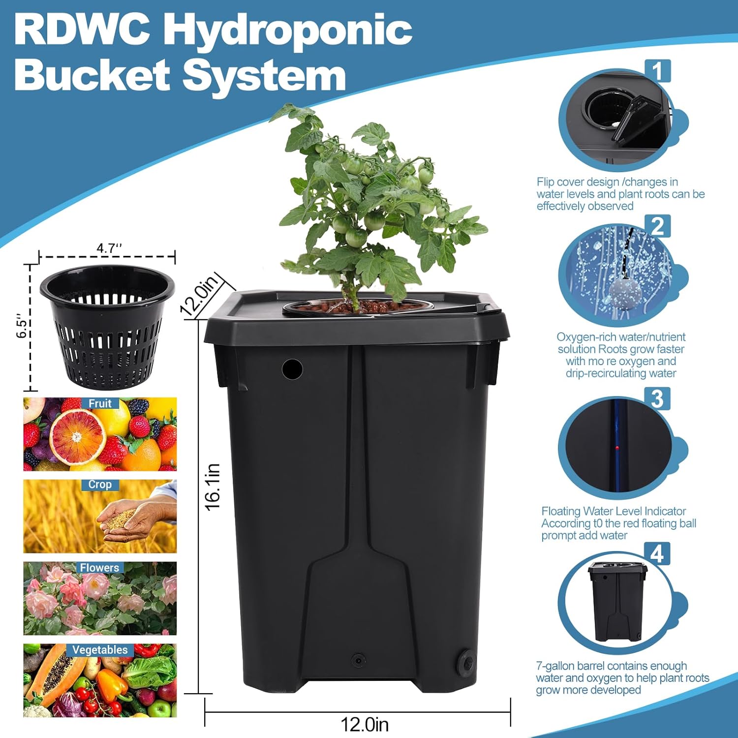 RDWC Hydroponics Grow System 4 Site + Reservoir, 7-Gallon Top Drip Recirculating Deep Water Culture Hydroponic Bucket System