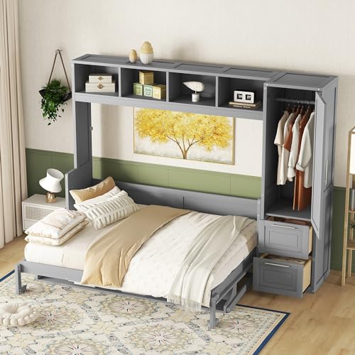 Harper & Bright Designs Queen Size Murphy Bed Wall Bed with Closet and Storage Drawers