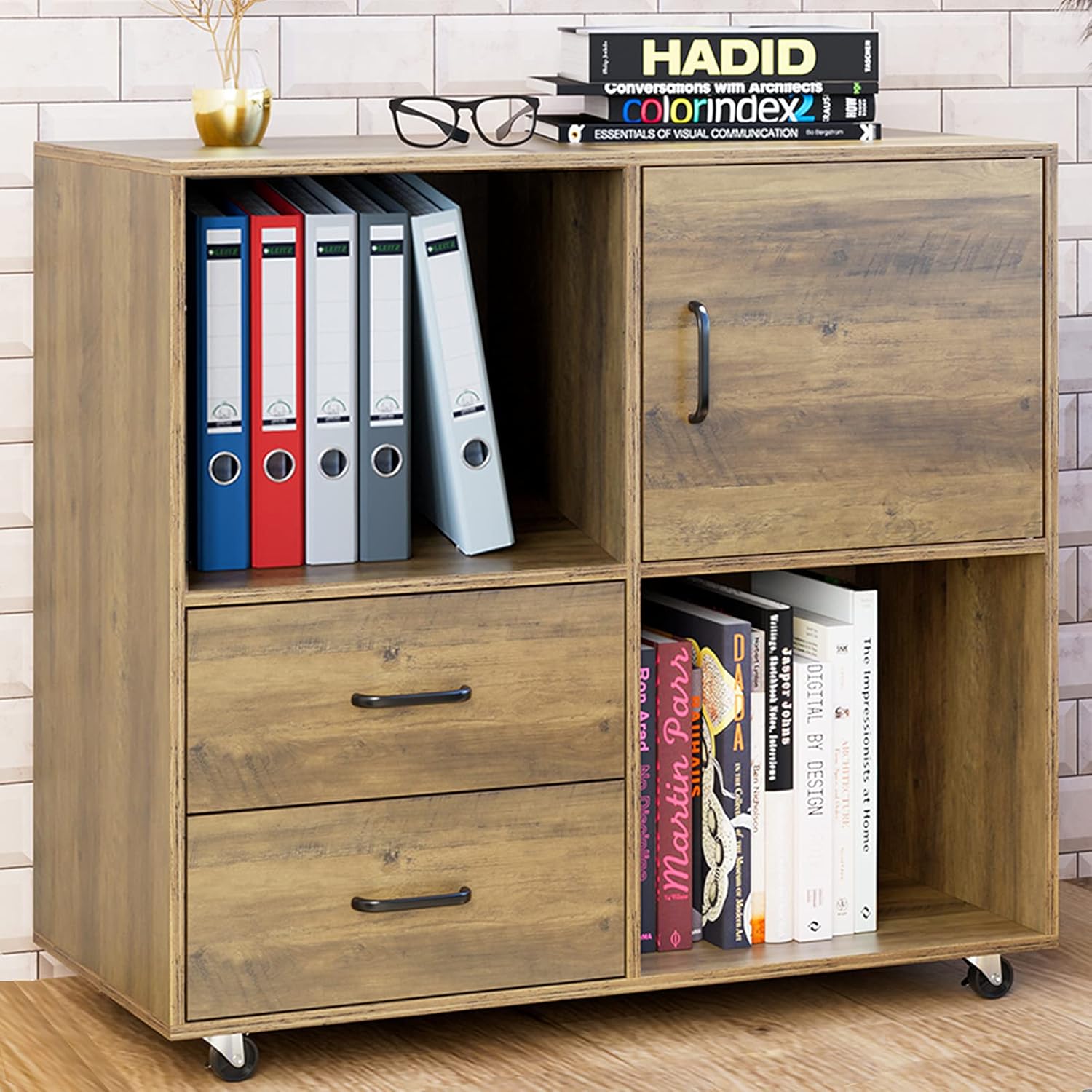 2 Drawer Mobile File Cabinet, Wood Lateral Filing Cabinet with Door, Rolling Printer Stand with Open Storage Shelves, Office Cart for Home Office