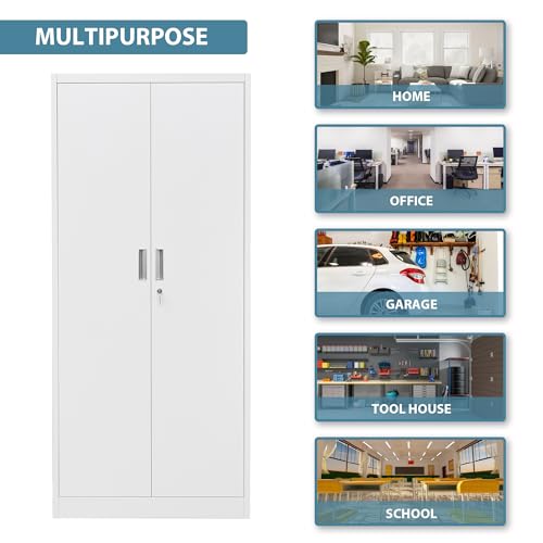 Metal Storage Cabinet, 72" H x 36" W x 18" D Locking Cabinet with Adjustable Shelves, Steel Storage Cabinets for Garage, Home, Office, Pantry (White)