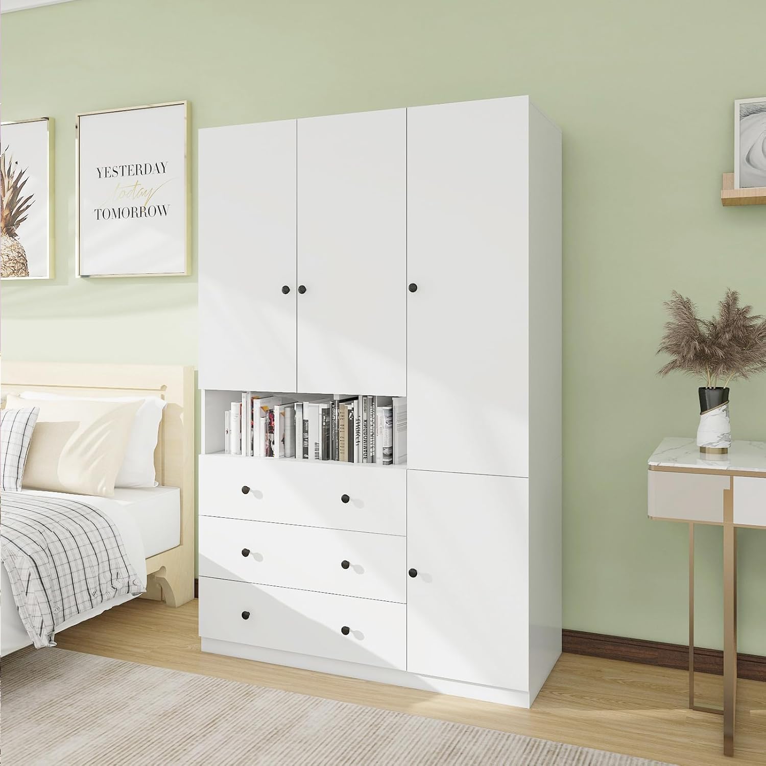 70.87" 3-Door Armoire Wardrobe Closet Cabinet, Wood 3 Drawers White Closet Cabinet for Large Capacity