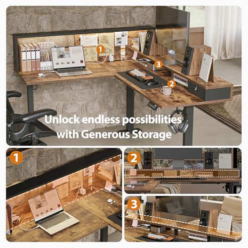 Agilestic L Shaped Electric Standing Desk with 2 Drawers, 63 Inch Ergonomic Adjustable Height Desk with Storage