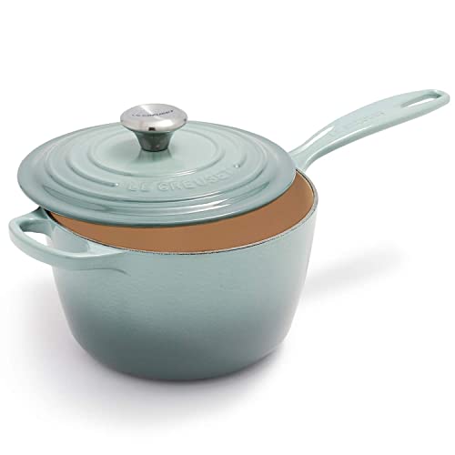Le Creuset Enameled Cast Iron Signature Round Dutch Oven with Lid, 5.5 Quart, Sea Salt & Signature Saucepan - Sea Salt