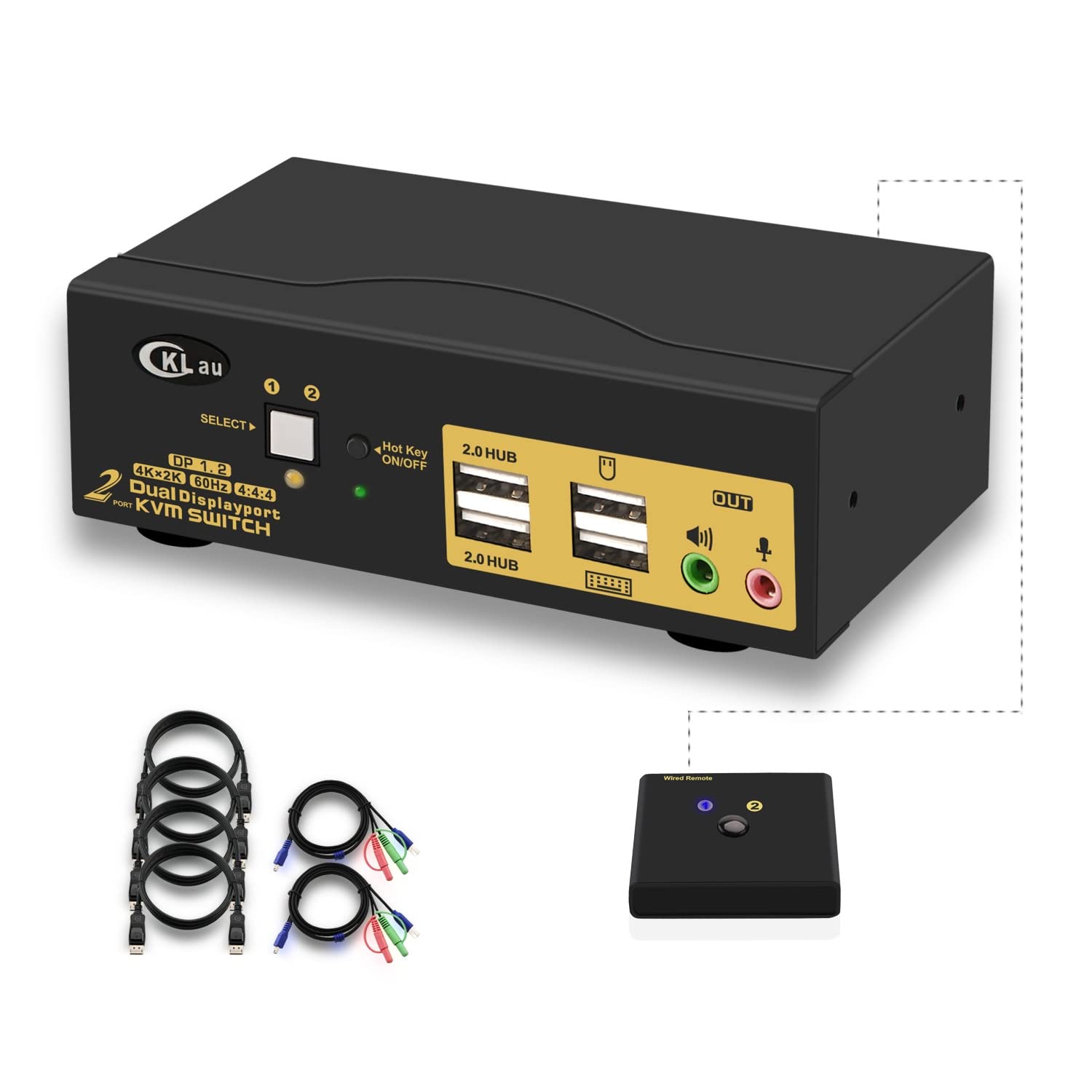 KVM Switch Dual Monitor Displayport, 2 Port 4K@60Hz DP 1.2 KVM Switch 2 Monitor with Audio Microphone Output, USB 2.0 Hub and Cables