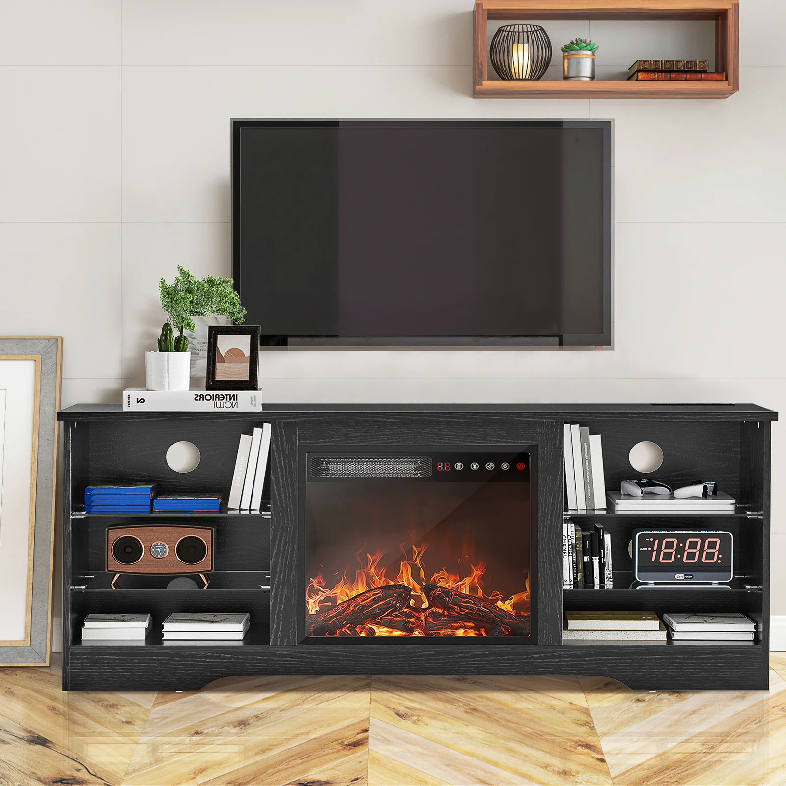 Waleaf Fireplace TV Stand with 18'' Fireplace for TVs up to 65 inch, Two Adjustable Glass Shelves