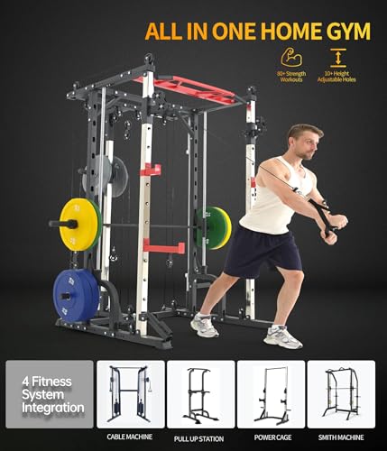 Smith Machine Home Gym with Cable Crossover, All-in-ONE Trainer Power Cage Smith for Strength Training