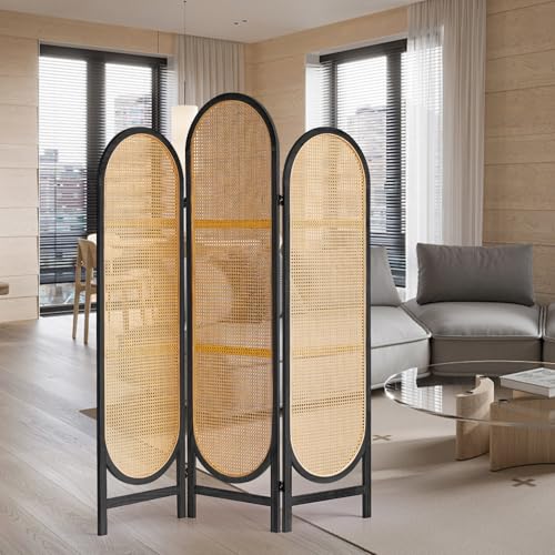 3 Panel Room Dividers and Folding Privacy Screens, Hand-Made Rattan Room Divider with Bi-Directional Hinge