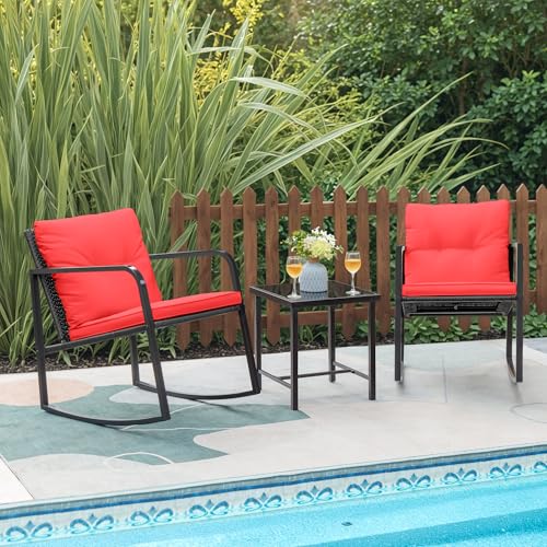 Greesum 3 Pieces Rocking Wicker Bistro Set, Patio Outdoor Furniture Conversation Sets with Porch Chairs and Glass Coffee Table, Beige
