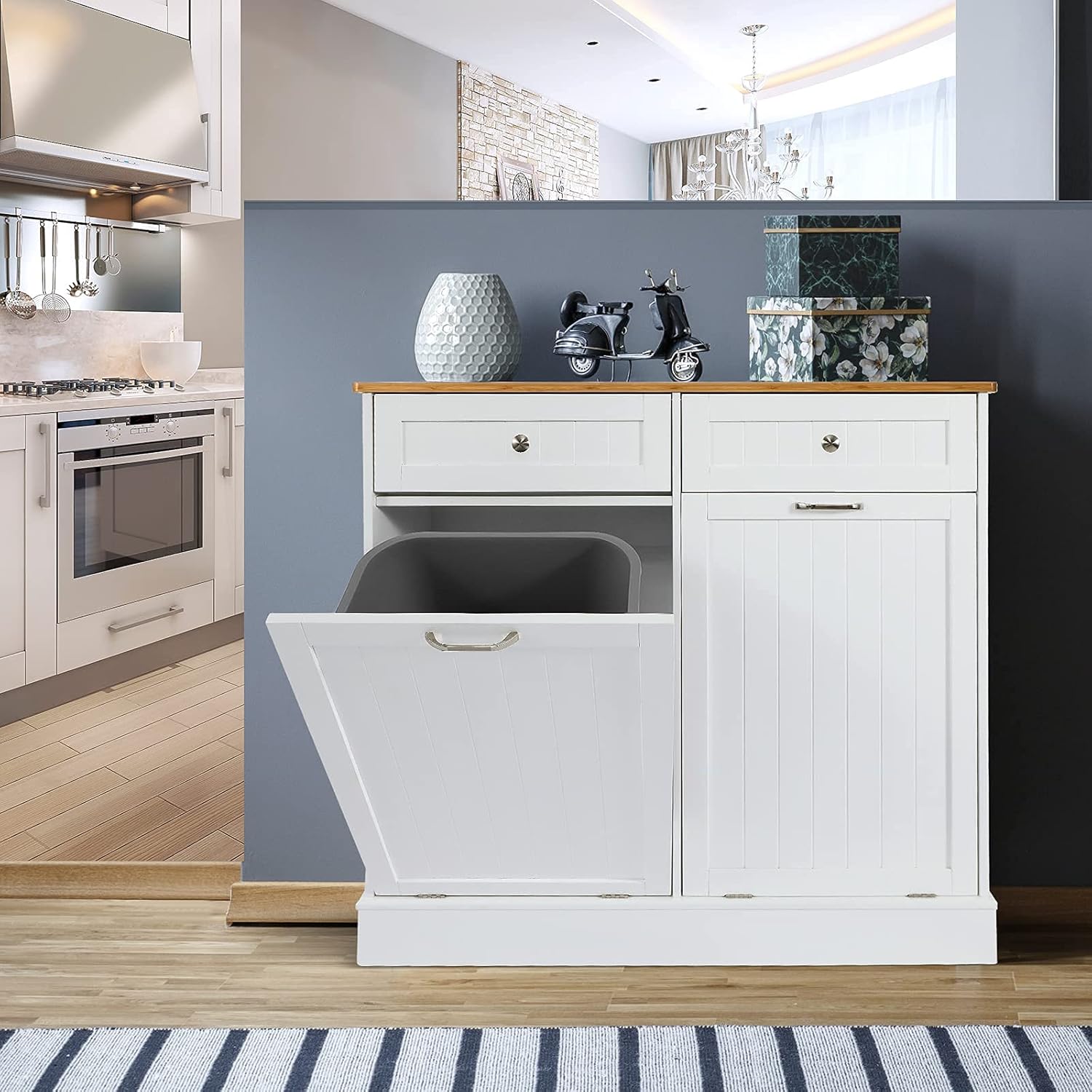 UEV Double Kitchen Trash Cabinets,Two Tilt Out Trash Cabinets with Solid Hideaway Drawers