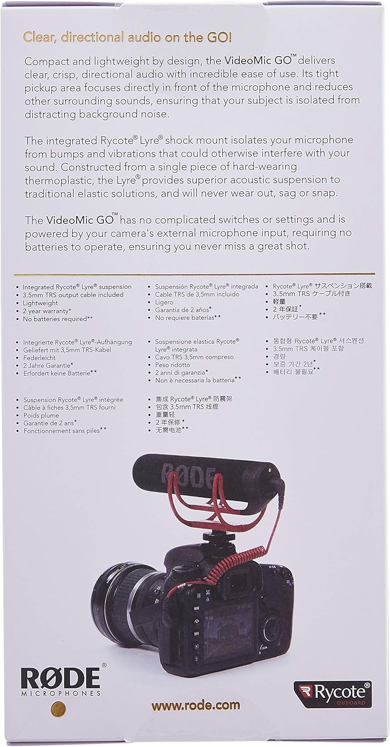 Rode VideoMic GO Lightweight On-Camera Microphone with Integrated Rycote Shockmount