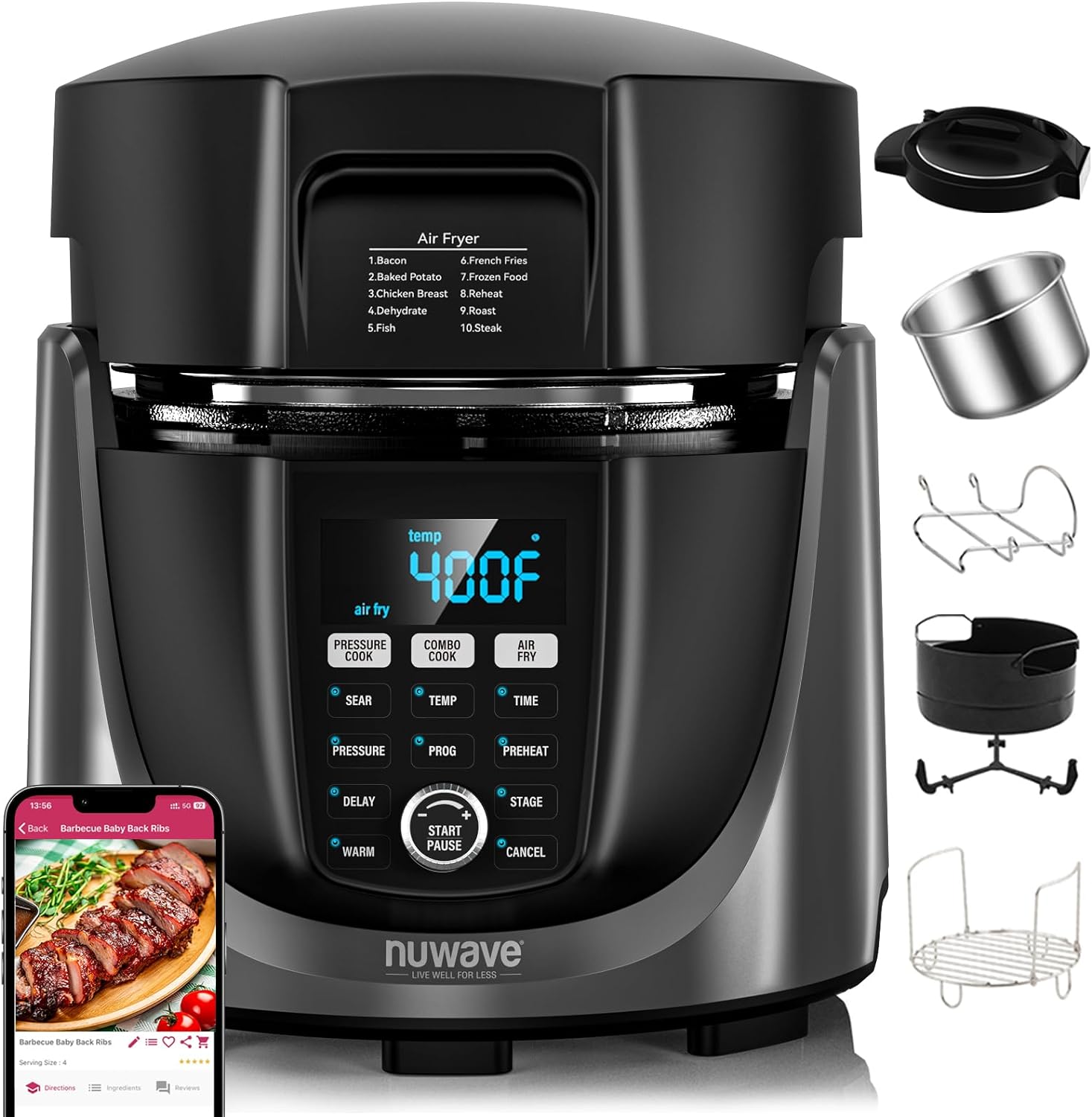 Nuwave Duet Air Fryer and Electric Pressure Cooker Combo with 2 Switchable Lids, 300 FoolProof One-Touch Presets, Crisp&Tender Tech