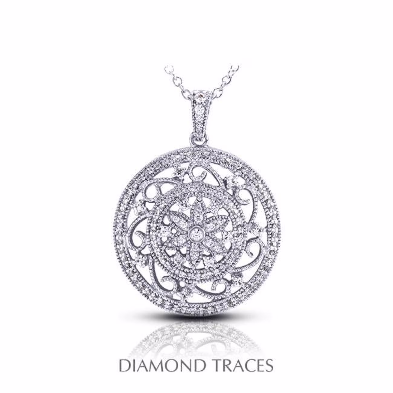 Diamond Traces 0.90 Carat Total Natural Diamonds 18K White Gold Pave & Bezel Setting Circle With Milgrain Fashion Pendant