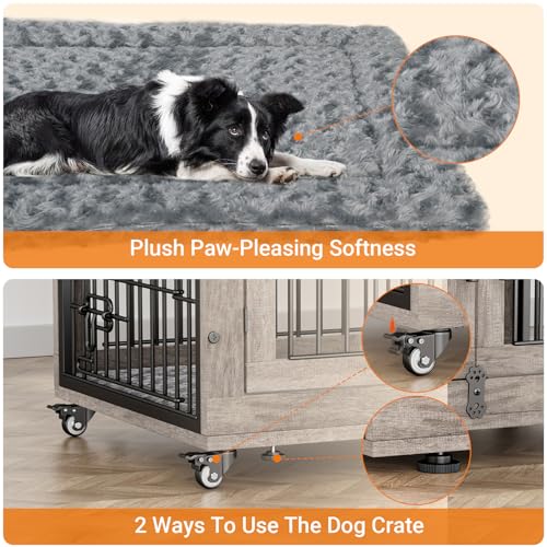 Lulive Dog Crate Furniture for Medium Dogs, 32'' Dog Kennel Indoor with Cushion & Wheels Wooden Dog Cage Double Doors Dog Crate End Table, Grey