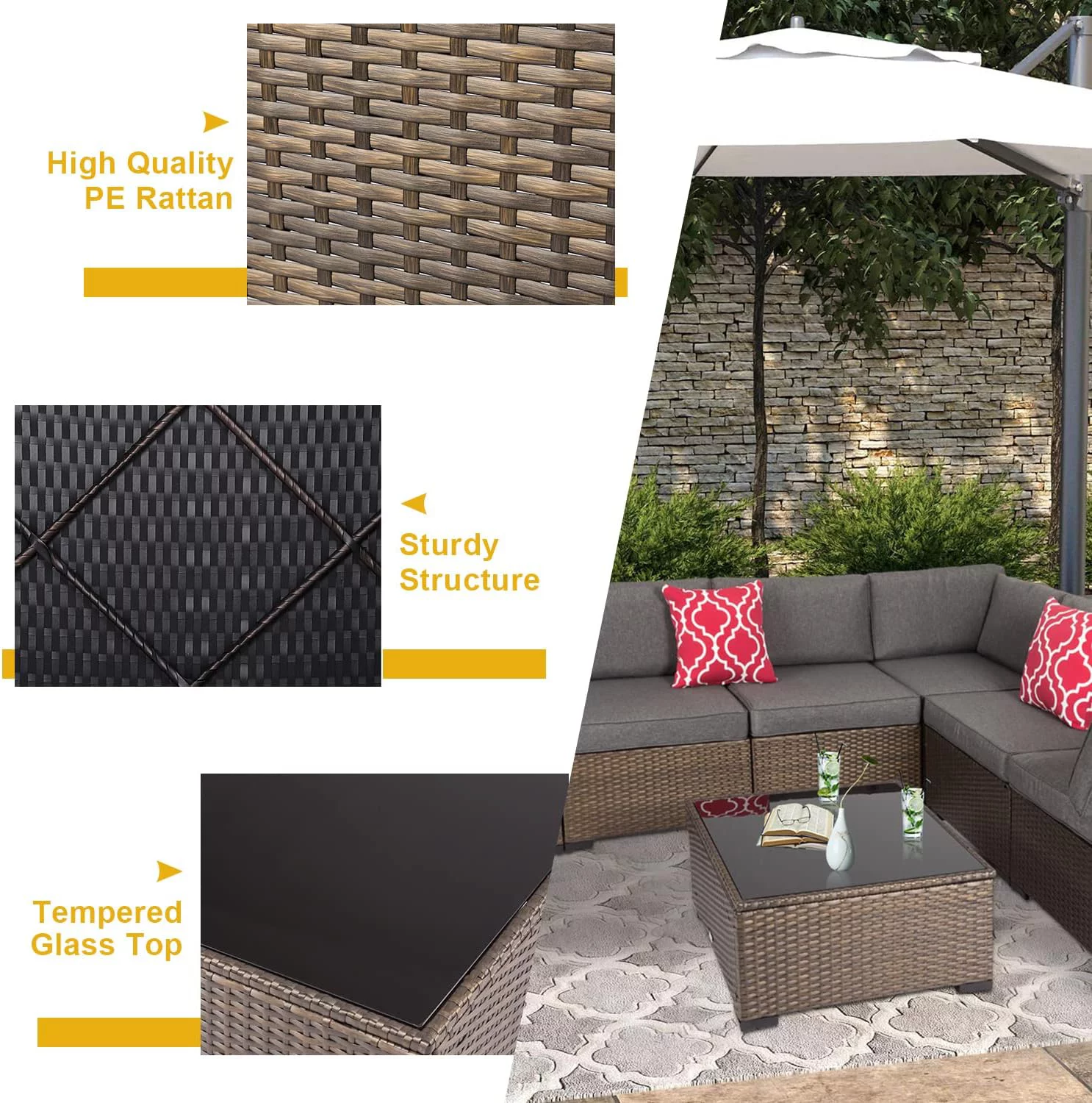 Kinbor 7pcs Outdoor Patio Furniture Set Wicker Sectional Sofa with Gray Cushions - Radiant Selections