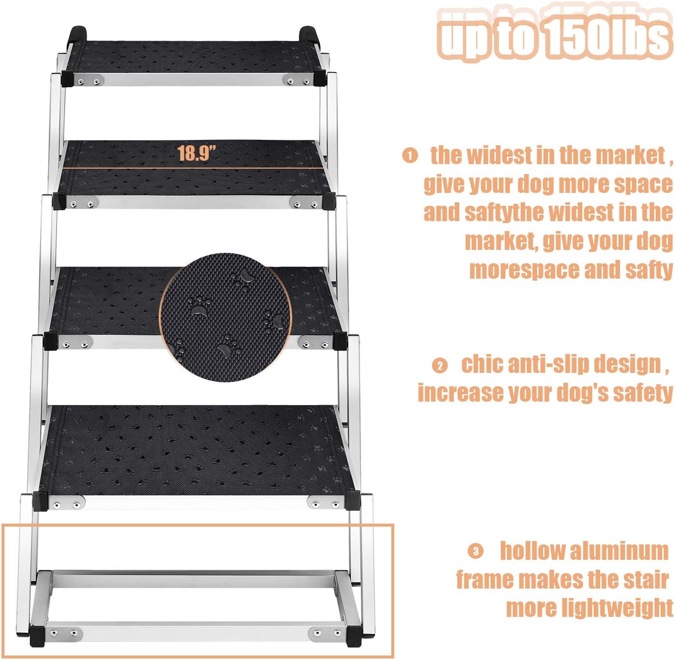Widen Foldable Dog Car Stairs, Aluminum Frame 4 Steps Portable &Lightweight Pet Stairs, The Widest and Deepest Ladder on The Market