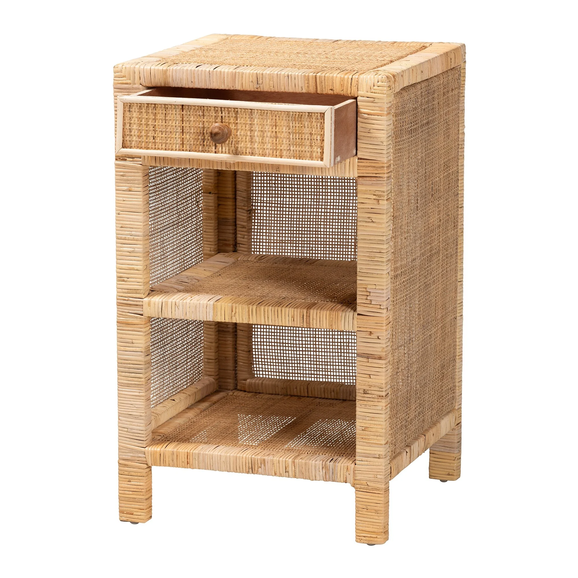 bali & pari Bella Modern Bohemian Natural Brown Mahogany Wood and Natural Rattan 1-Drawer Nightstand